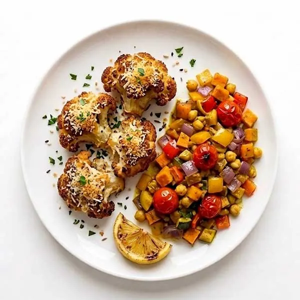 Baked Cauliflower Parmesan Flowerets with Curried Vegetable